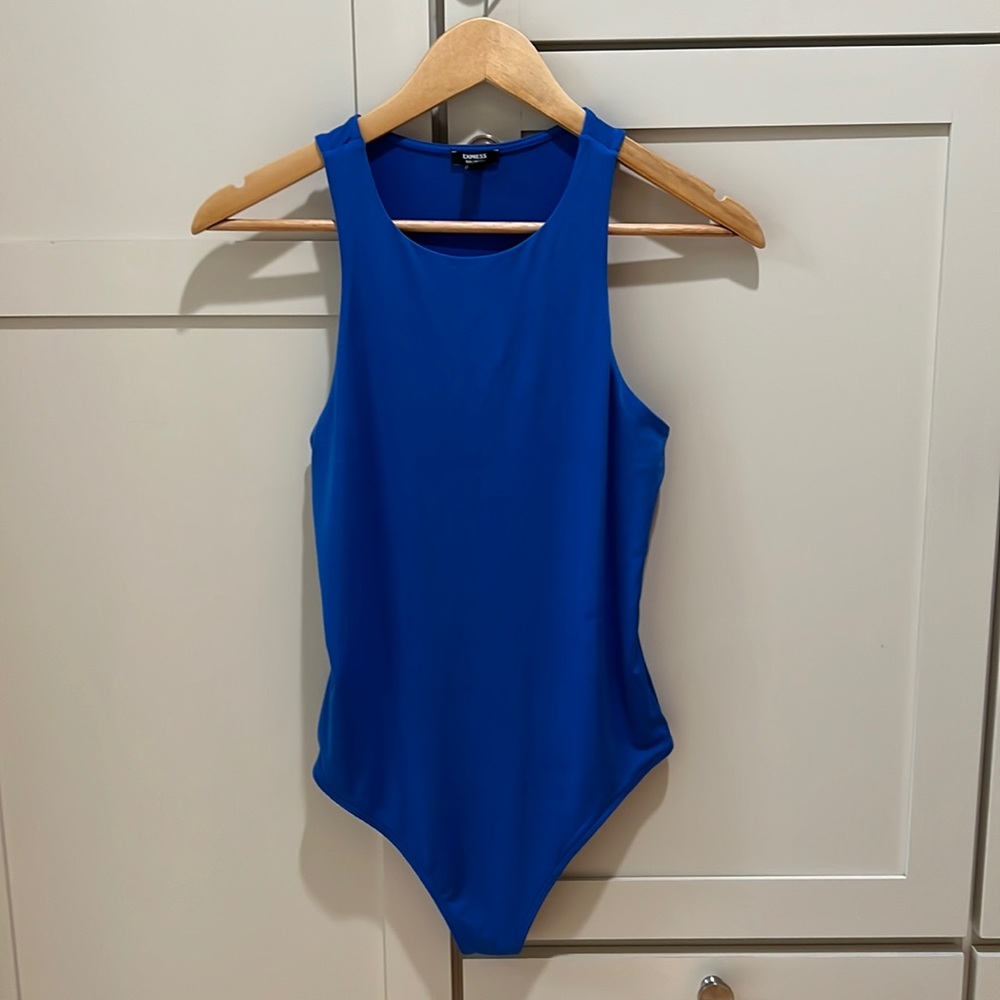 Express blue Body Contour Crew Neck Tank Thong Bodysuit